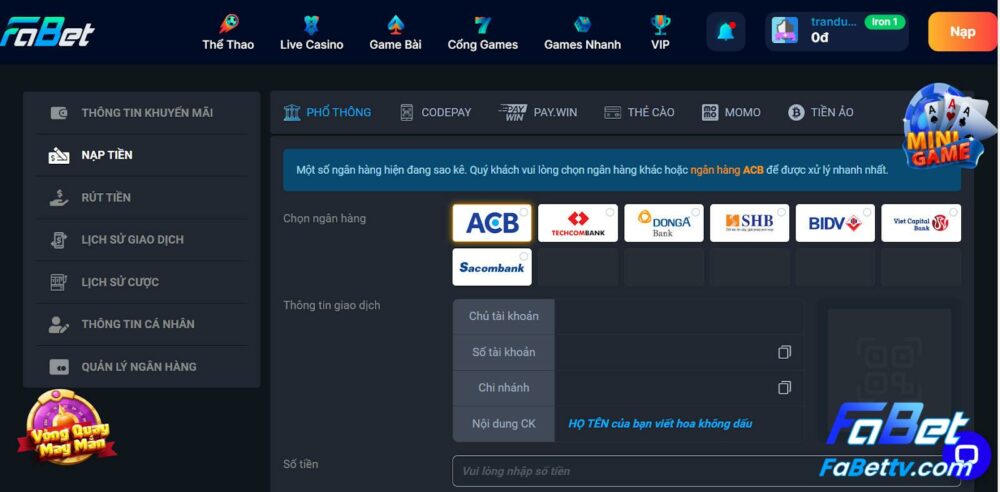 Hướng dẫn nạp tiền Fabet chính xác nhất
