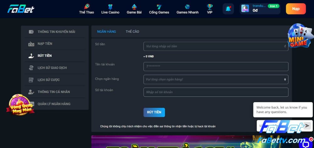 Hướng dẫn rút tiền Fabet qua thẻ ngân hàng