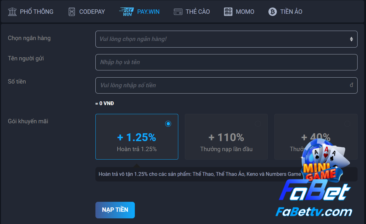 Nạp tiền Pay Win tại Fabet