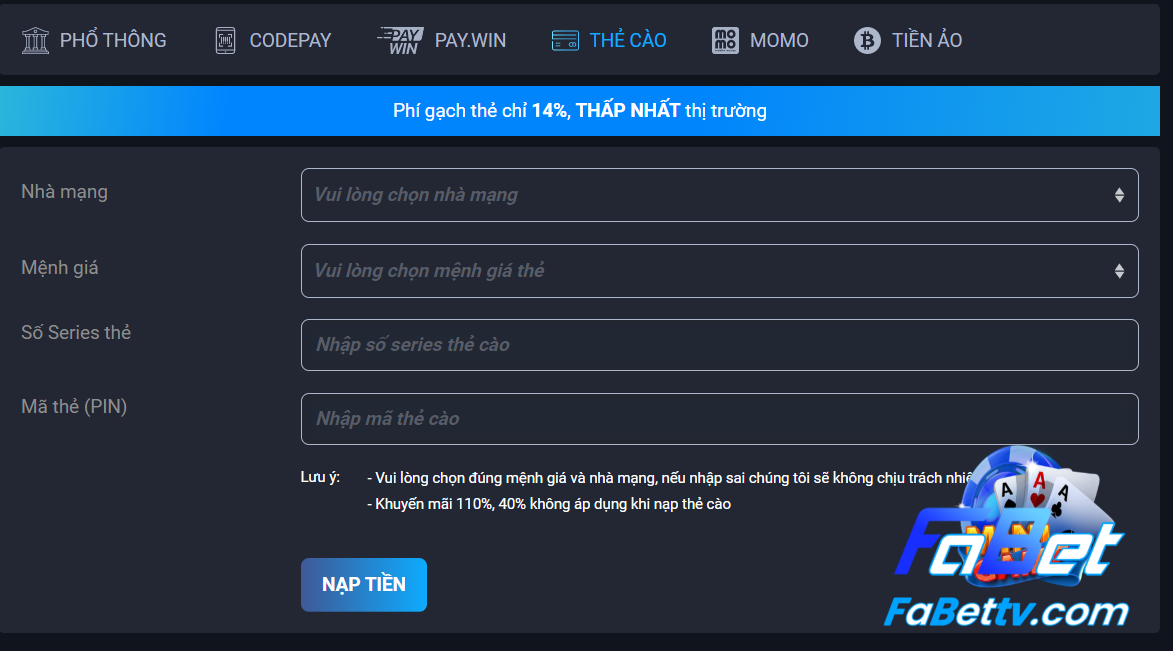 Nạp tiền qua thẻ cào Fabet